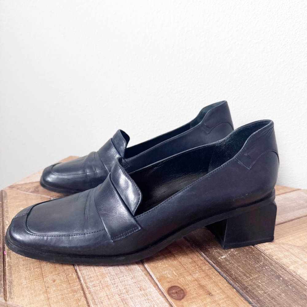Martinez Valero Dark Navy Leather Block Heel Loafers - Picture 7 of 12